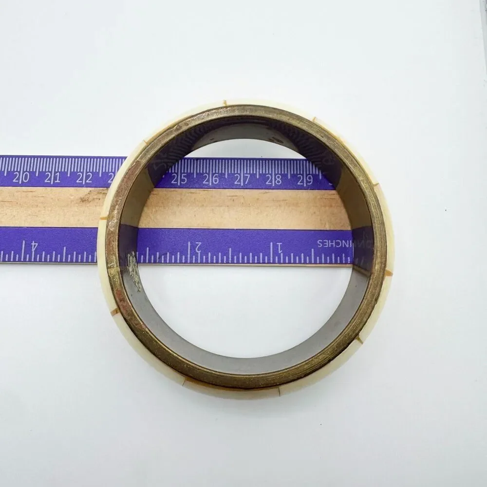 Vintage Shell Cream Brass Bangle Bracelet  Chunky Retro Statement Handcrafted